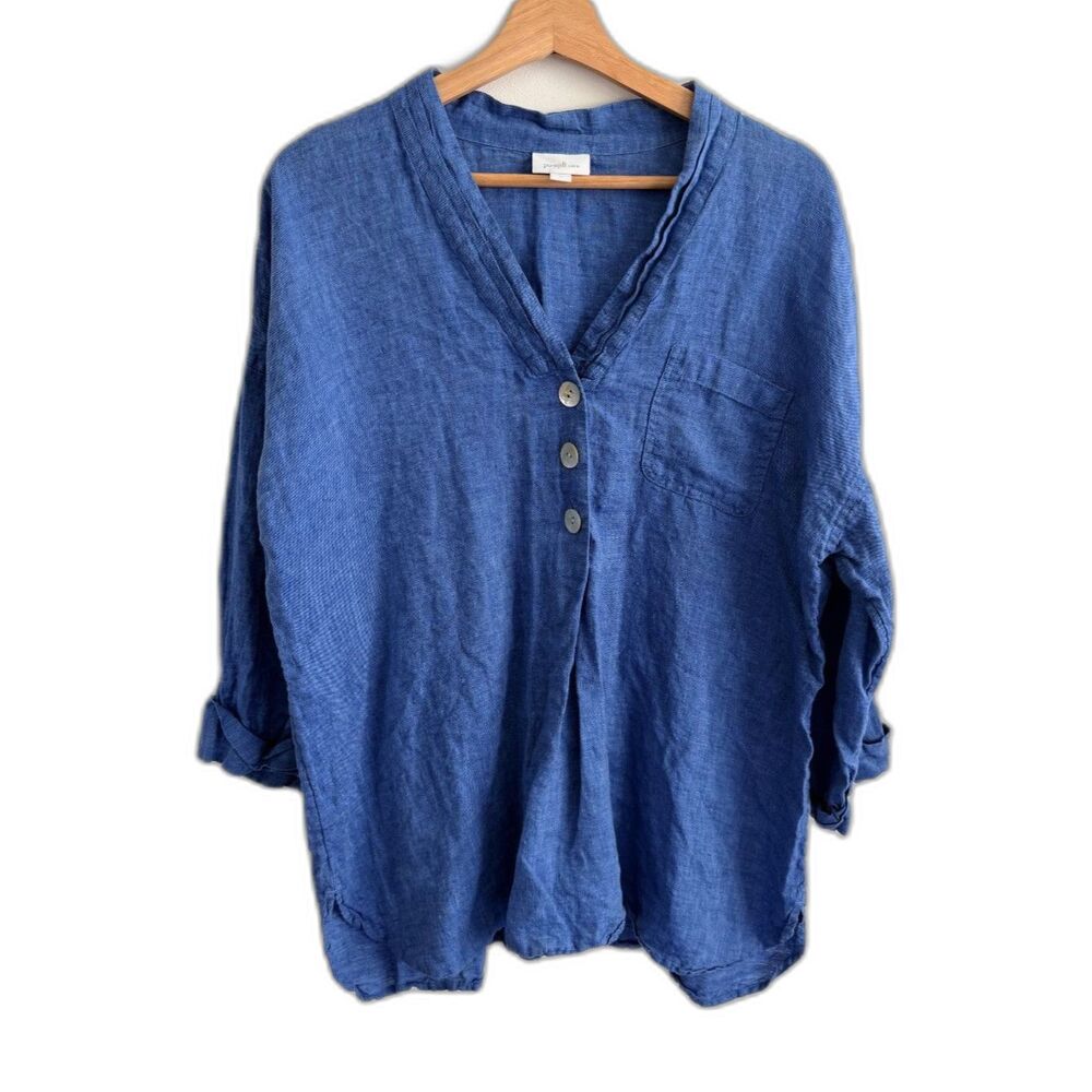 Pure Jill J. Jill Women Large Blue 100% Linen Popover Tunic V Neck 3/4 Sleeve